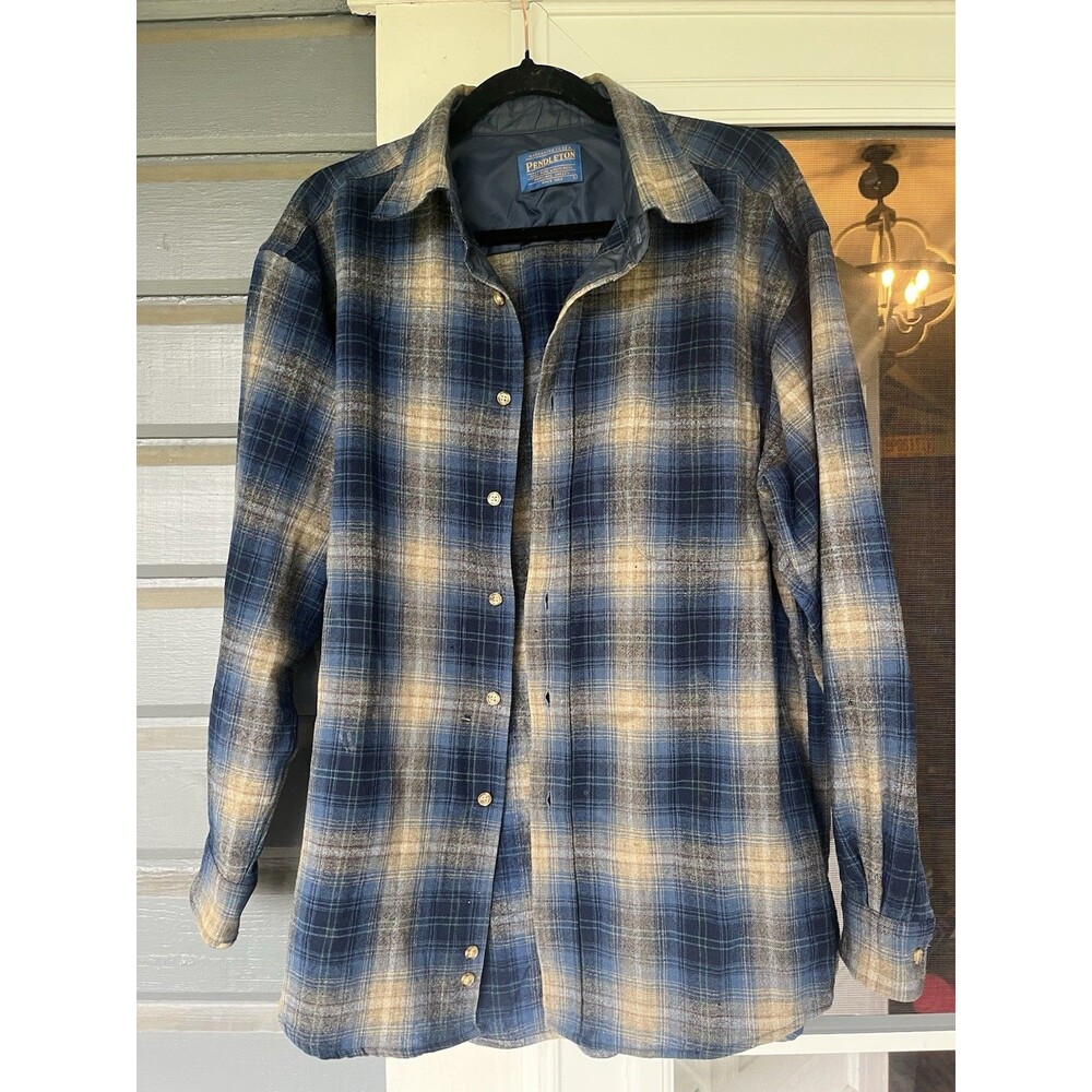 Vintage Pendleton Made in USA Grey Blue Plaid Tweed Board Wool Shirt Sz Lg